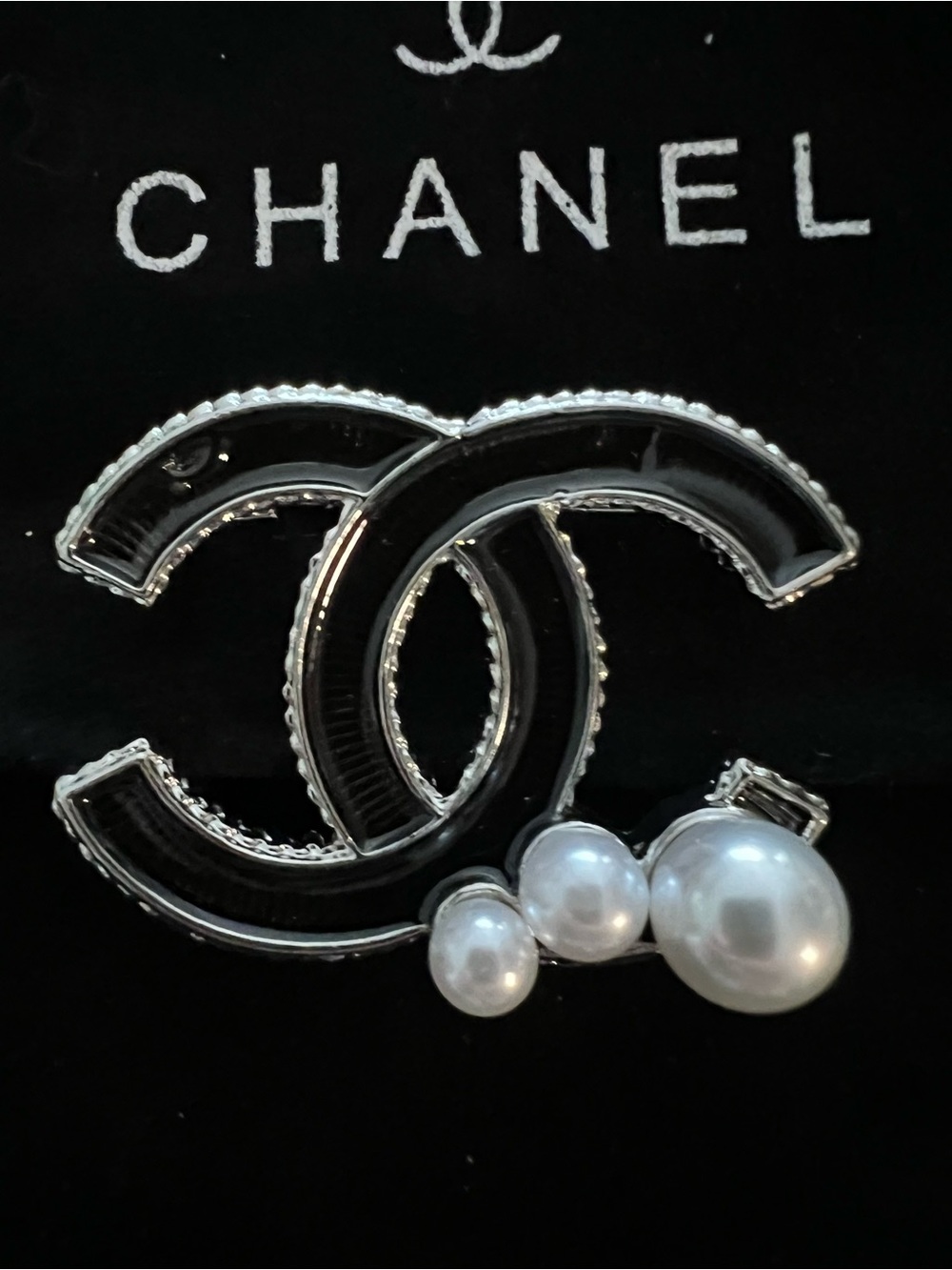 CHANEL Black Enamel Double-C Brooch with Faux Pearls